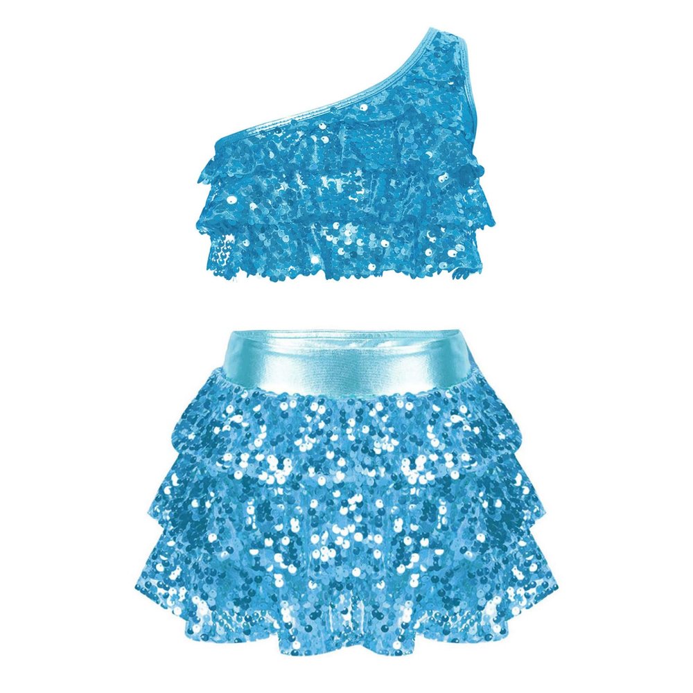 Lorilida Girls Shiny Metallic Latin Jazz Ballet Dance Dress Kids Crop Top with Tassel Skirt Outfits Performance Costume Sky Blue 4 Years