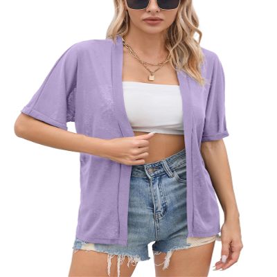 Iandroiy Women's Lightweight Open Front Cardigans Casual Short Sleeve Blouse Tops 2X-Large, Lavender Purple