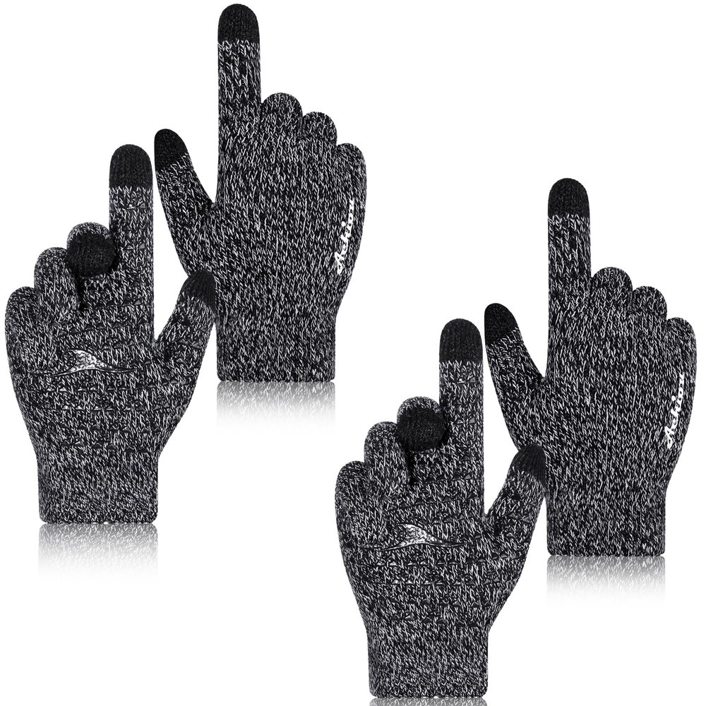 Achiou Winter Gloves for Men Women,2 Pairs Touch Screen Texting Warm Gloves with Thermal Soft Knit Lining,Elastic Cuff (2 Black & White, XL)