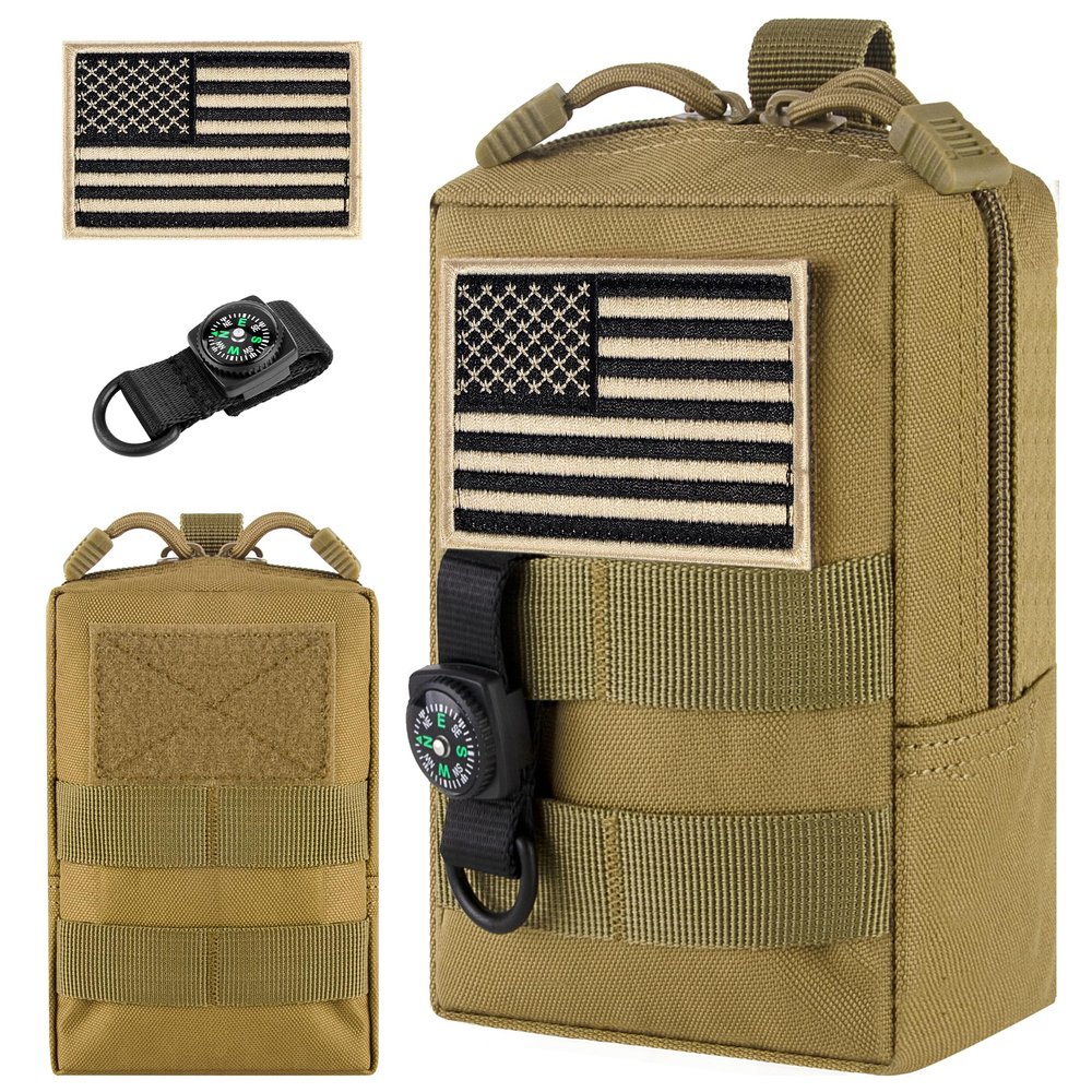 bvya Tactical Molle Pouch Multi-Purpose Compact Waist Pack Water-Resistant Small Utility EDC Pouch with Flag Patch for Molle Backpack, Mini Compass Included