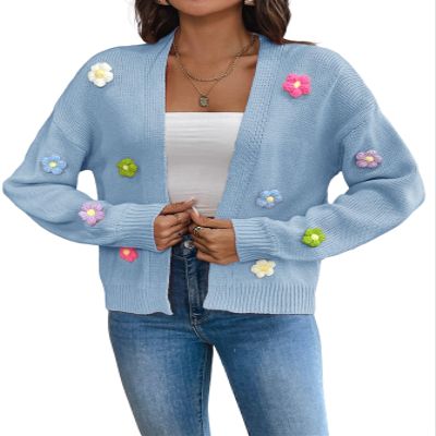 chouyatou Women's Y2K Colorful Floral Applique Lantern Sleeve Open Front Knitted Cardigan Sweaters (Large, Blue)
