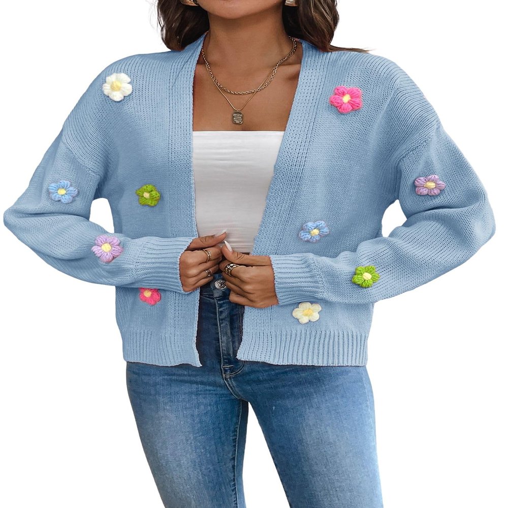 chouyatou Women's Y2K Colorful Floral Applique Lantern Sleeve Open Front Knitted Cardigan Sweaters (Large, Blue)
