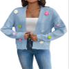 chouyatou Women's Y2K Colorful Floral Applique Lantern Sleeve Open Front Knitted Cardigan Sweaters (Large, Blue) view 1