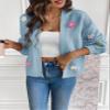 chouyatou Women's Y2K Colorful Floral Applique Lantern Sleeve Open Front Knitted Cardigan Sweaters (Large, Blue) view 2