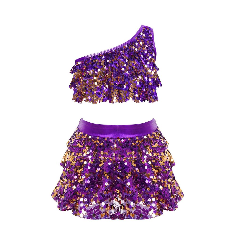FEESHOW Girls Kids 2pcs Shiny Metallic Crop Top with Skirt Set Latin Ballet Dance Jazz Hip Hop Performance Costumes Purple 16 Years