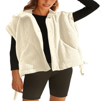 VATEAMI Women Oversized Fleece Vest Trendy Sleeveless Button Down Fuzzy Sherpa Jacket Winter Warm Outerwear Vest with Pockets (Beige-M)