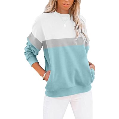 Women's Color Block Crewneck Casual Sweatshirt Long Sleeve Solid Sweatshirts Tops Cute Loose Fit Pocket Pullovers (Cyan,X-Large)
