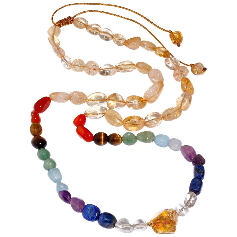 Jewever Citrine Long Necklaces for Women 7 Chakra Beaded Necklace Tumbled Stones Healing Crystals Spiritual November Birthstone Jewelry Reiki Energy Balance Gifts Adjustable (24"-30")