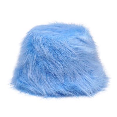 Reyox Women Winter Faux Fur Bucket Hat Warm Fuzzy Fisherman Cap Blue