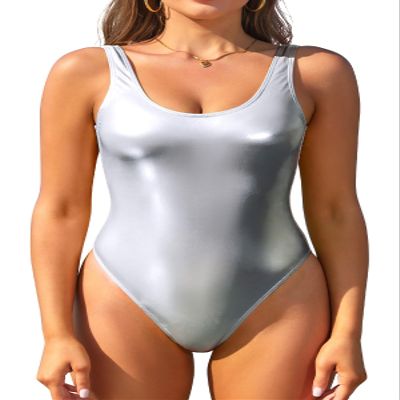SHEKINI Women's Metallic Shiny Bathing Suit Scoop Neck Backless One Piece Swimsuits(Silver, Medium)
