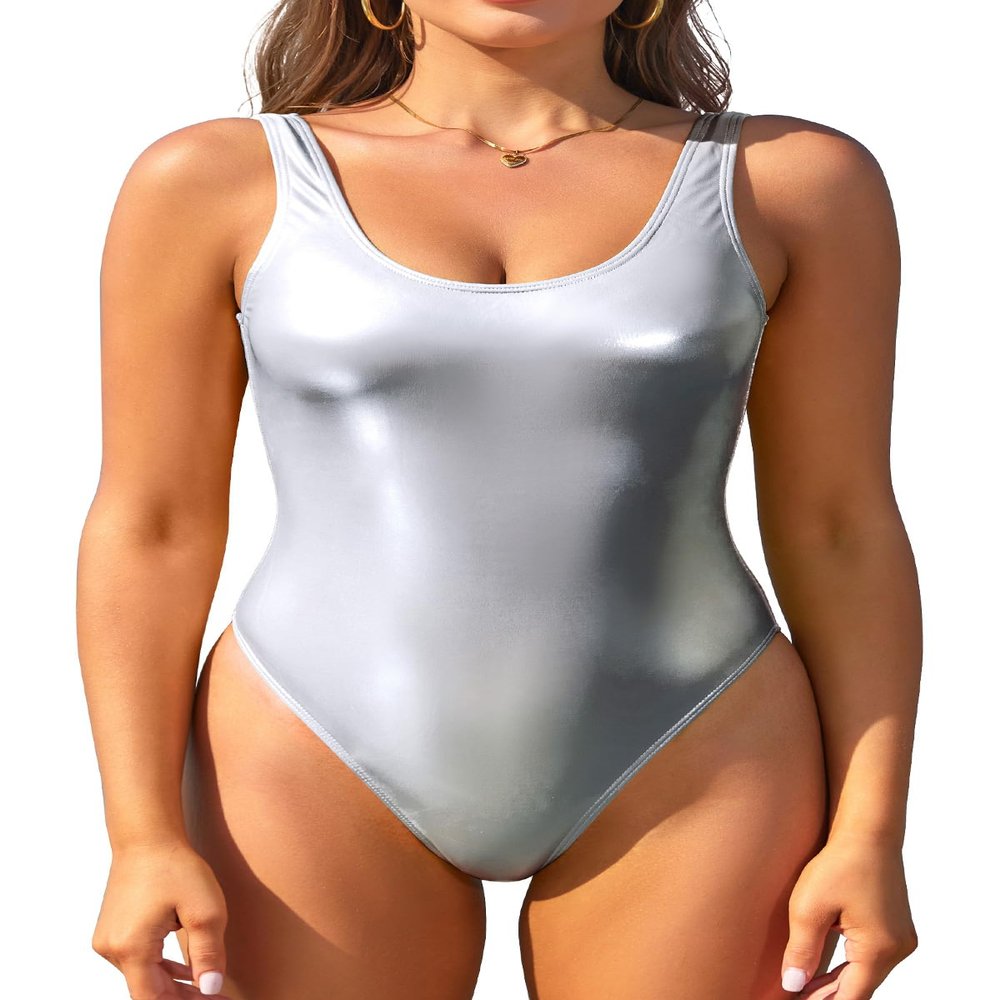 SHEKINI Women's Metallic Shiny Bathing Suit Scoop Neck Backless One Piece Swimsuits(Silver, Medium)