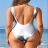 SHEKINI Women's Metallic Shiny Bathing Suit Scoop Neck Backless One Piece Swimsuits(Silver, Medium) view 3