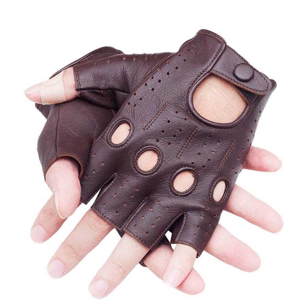 Fingeless Genuine Leather Driving Riding Biking Cycling Gloves for Men, Unlined (Brown, Medium)