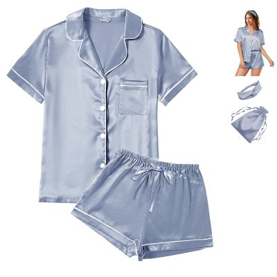 4Pcs Womens Satin Silky Pajama Sets Short Sleeve Shirt XS-4XL Floral Pajamas Set Soft PJ Loungewear Sleepwear