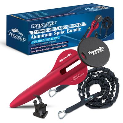 WAVESRX Beach Anchoring Bundle for PWC | 12" WaveCobra Aluminum Spike Stern Anchor + 7ft AnchorMate Flat Bungee (Stretches to 14ft) | Ultra-Light Patented Design Keeps Your Jet Ski Securely Anchored