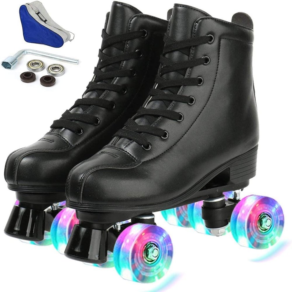 Jessie PU Leather Skates - Women's Indoor/Outdoor Adjustable Four-Wheel Roller Skates (Flash Wheel, Youth 2)