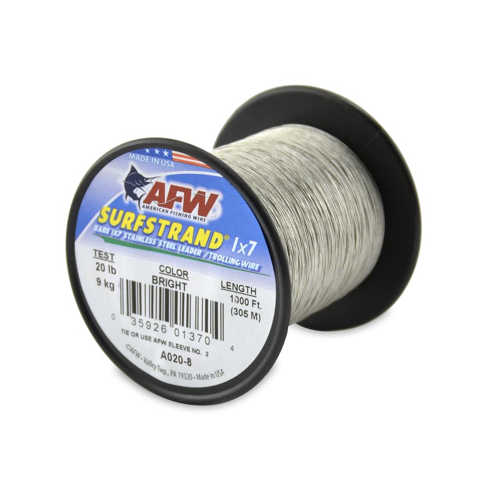American Fishing Wire Surfstrand, Bare 1x7 Stainless Steel Leader Wire, 20 lb Test, 0.012" Diameter, Bright, 1000 ft