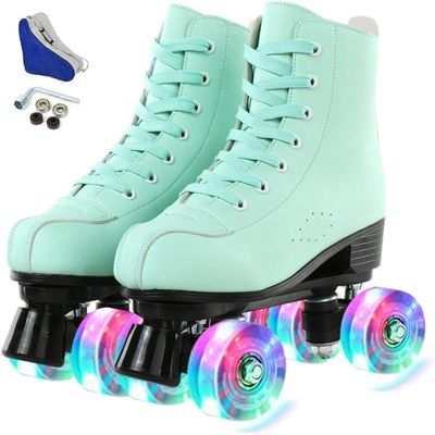 Jessie PU Leather Roller Skates for Women, Men, Boys and Girls - Adjustable Four-Wheel Premium Skates for Outdoor and Indoor Use (Flash Wheel, Youth 3)