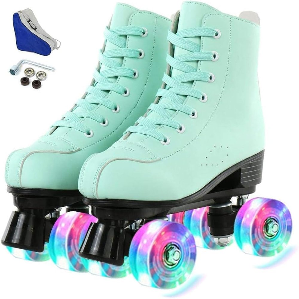 Jessie PU Leather Roller Skates for Women, Men, Boys and Girls - Adjustable Four-Wheel Premium Skates for Outdoor and Indoor Use (Flash Wheel, Youth 3)