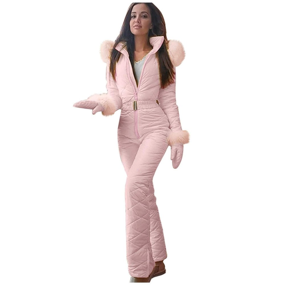 ZHOUYF Womens One Piece Ski Suits Thick Warm Onesie Coats Hooded Jumpsuits Winter Outdoor Windproof Snowsuits Snow Sports