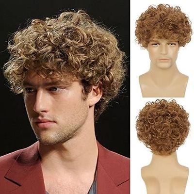 CcxRc Short Wig for Men Blonde Layered Curly Wig Synthetic Halloween Costume Hair Wigs with Wig Cap