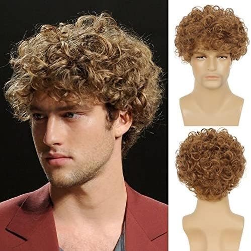 CcxRc Short Wig for Men Blonde Layered Curly Wig Synthetic Halloween Costume Hair Wigs with Wig Cap