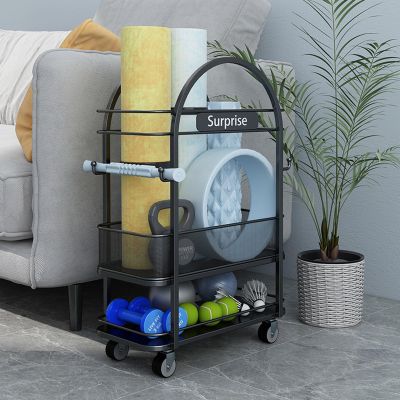Home Gym Storage Rack, Home Gym Storage for Yoga Mat Storage Rack, Multipurpose Fitness and Accessory Equipment Organizer with Wheels (Color : Black)