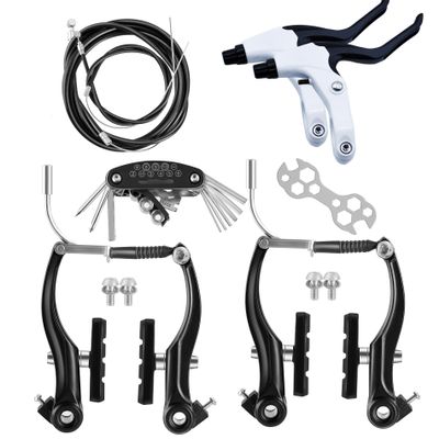 2 Pairs Bike Brakes, Universal Complete V Bike Brakes Set, Mountain Bike Replacement for Most Bicycle,Road Bike Brakes Cables with Front Back Wheels and Bike Brake Levers-White