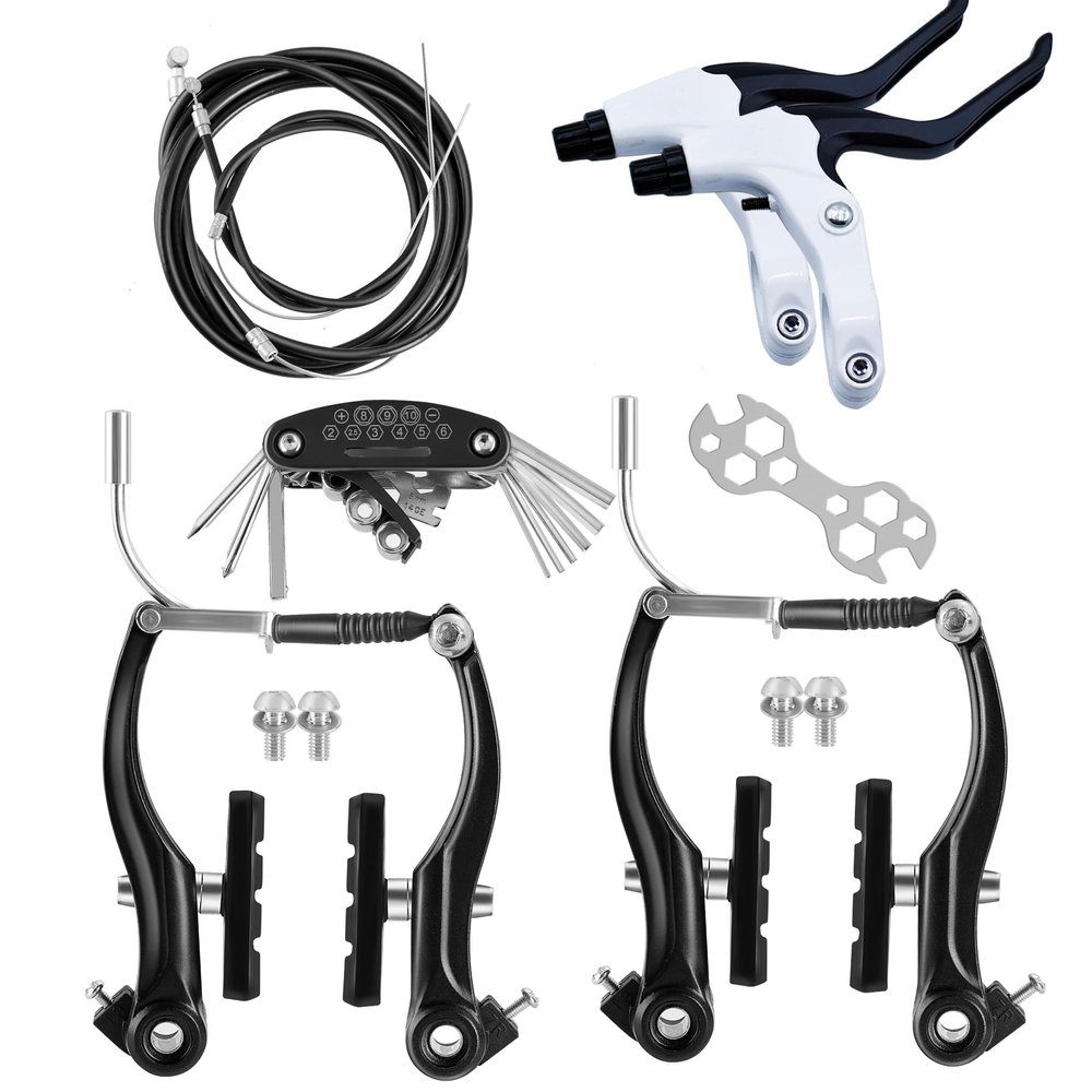 2 Pairs Bike Brakes, Universal Complete V Bike Brakes Set, Mountain Bike Replacement for Most Bicycle,Road Bike Brakes Cables with Front Back Wheels and Bike Brake Levers-White