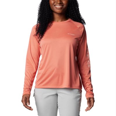 Columbia Women's Tidal Tee II Long Sleeve, Faded Peach/Faux Pink Logo, Small