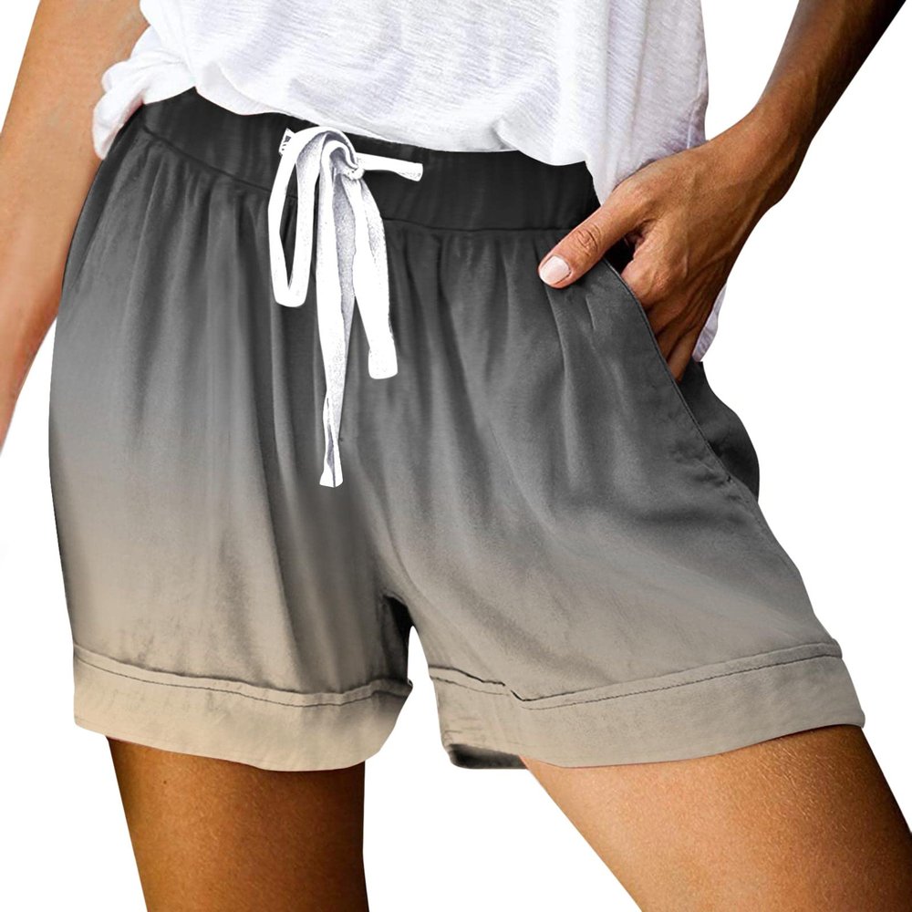 JOFOW Ladies Casual Drawstring Shorts Summer Elastic Belt Shorts Pockets (Grey-C, XXL)