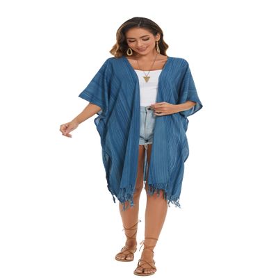 Beautybatik Dark Blue Women Hippie Gypsy Stripe Printed Kimono Cardigan Shawl Wrap Swimsuit Cover Up Jacket One Size