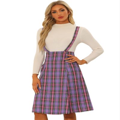 Allegra K Overall Plaid Dress for Women's Christmas Tartan Pinafore Suspender Skirt Small Purple