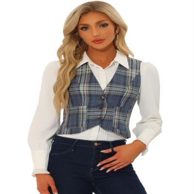 Allegra K Plaid Vest for Women's Single Breasted Sleeveless Racerback Vintage Waistcoat X-Small Grey Blue