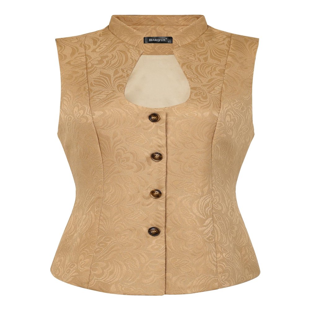Allegra K Vintage Suit Waistcoat for Women's Gothic Blazer Sleeveless Steampunk Jacquard Dressy Vest X-Small Khaki