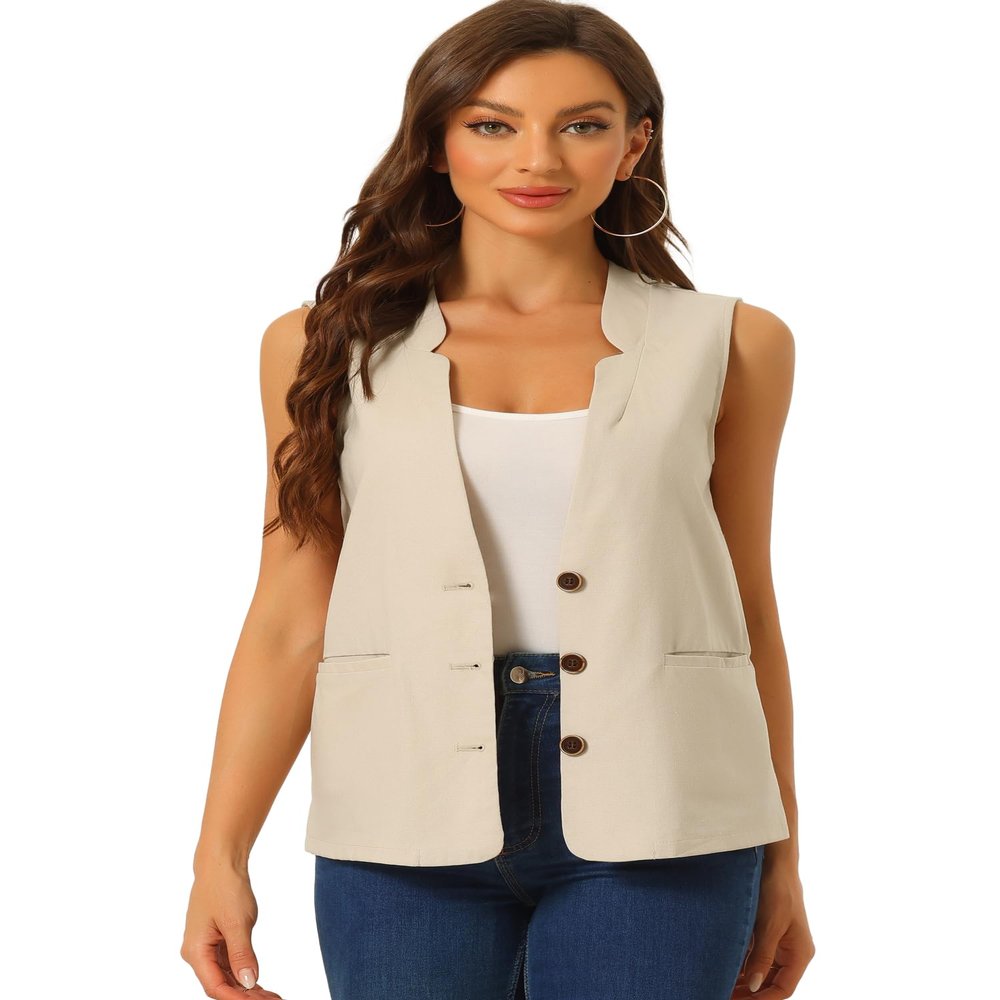 Allegra K Cotton Linen Vest for Women's Casual V Neck Button Down Sleeveless Jacket X-Large Beige