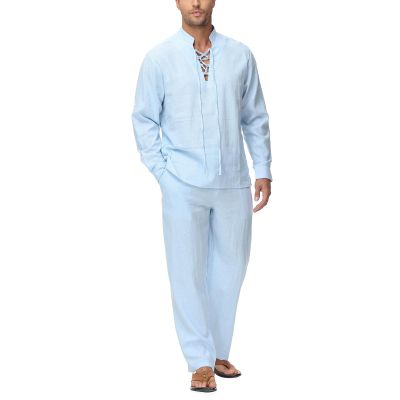 Lamgool Mens 2 Pieces Cotton Linen Set Long Sleeve Shirts Casual Drawstring Yoga Pants Summer Beach Wedding Outfits(Light Blue,M)