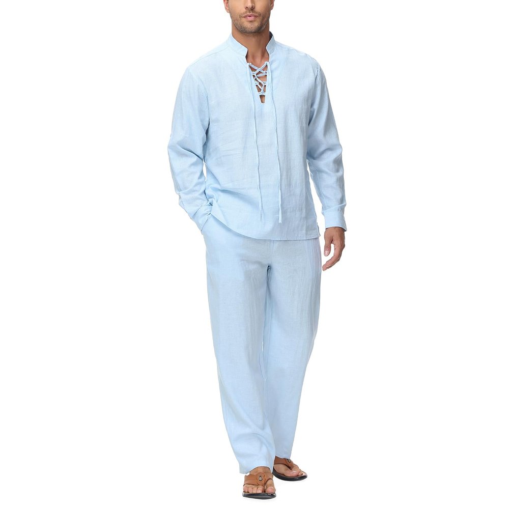 Lamgool Mens 2 Pieces Cotton Linen Set Long Sleeve Shirts Casual Drawstring Yoga Pants Summer Beach Wedding Outfits(Light Blue,M)
