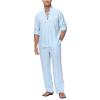 Lamgool Mens 2 Pieces Cotton Linen Set Long Sleeve Shirts Casual Drawstring Yoga Pants Summer Beach Wedding Outfits(Light Blue,M) view 2