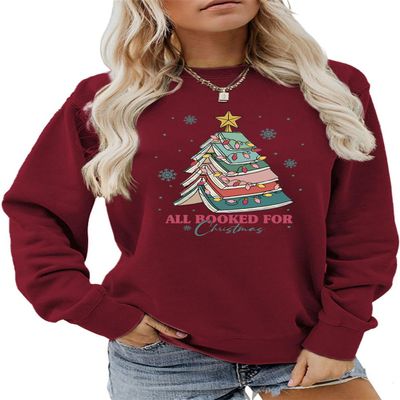 ESIKAH All Booked For Christmas Sweatshirt Funny Christmas Sweatshirt Holiday Xmas Shirt Women Crewneck Reading Pullover Tops Wine Red