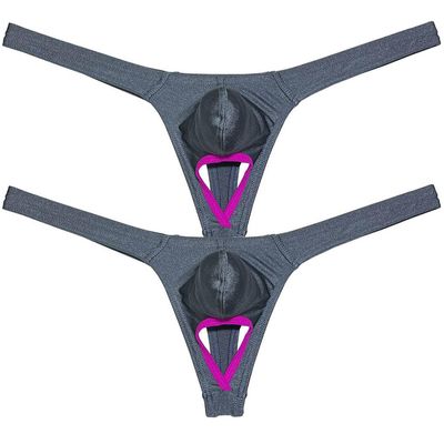 Jaxu Men's Spandex Bulge Pouch Thong Underwear Ball Out Bikini T-back Shiny Solid Tangas 2-Pairs(Dark Gray) XL