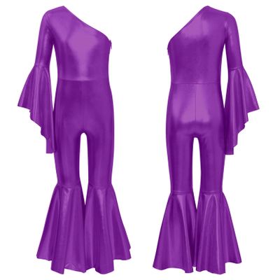LiiYii Girl's Skating Jumpsuit Shiny Sequins Party Romper Bodysuit One Shoulder Dance Leotards Flare Bell Bottom Purple 16 Years
