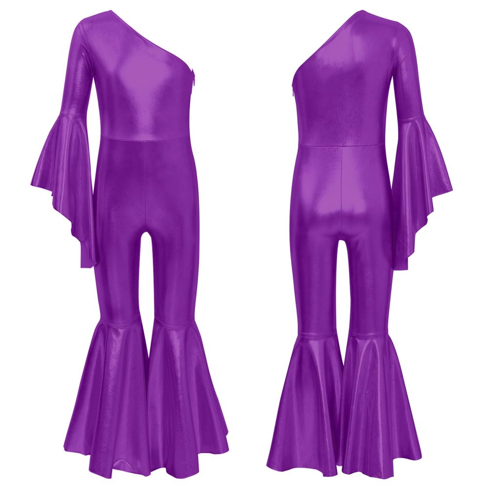LiiYii Girl's Skating Jumpsuit Shiny Sequins Party Romper Bodysuit One Shoulder Dance Leotards Flare Bell Bottom Purple 16 Years