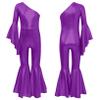 LiiYii Girl's Skating Jumpsuit Shiny Sequins Party Romper Bodysuit One Shoulder Dance Leotards Flare Bell Bottom Purple 16 Years view 1