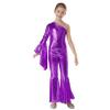 LiiYii Girl's Skating Jumpsuit Shiny Sequins Party Romper Bodysuit One Shoulder Dance Leotards Flare Bell Bottom Purple 16 Years view 2