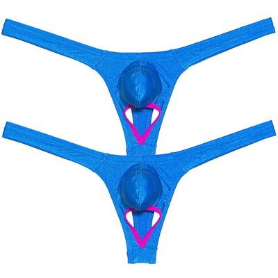 Jaxu Men's Spandex Bulge Pouch Thong Underwear Ball Out Bikini T-back Shiny Solid Tangas 2-Pairs(Lake Blue) M