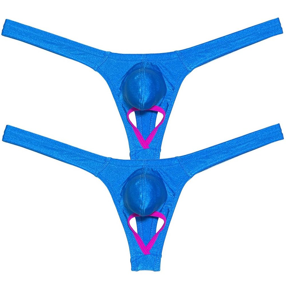 Jaxu Men's Spandex Bulge Pouch Thong Underwear Ball Out Bikini T-back Shiny Solid Tangas 2-Pairs(Lake Blue) M
