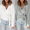Akivide Women's Wrap V Neck Sexy Sweaters Trendy Tie Front Tunic Tops Long Balloon Sleeve Ribbed Knitted Cardigan Sweater view 4