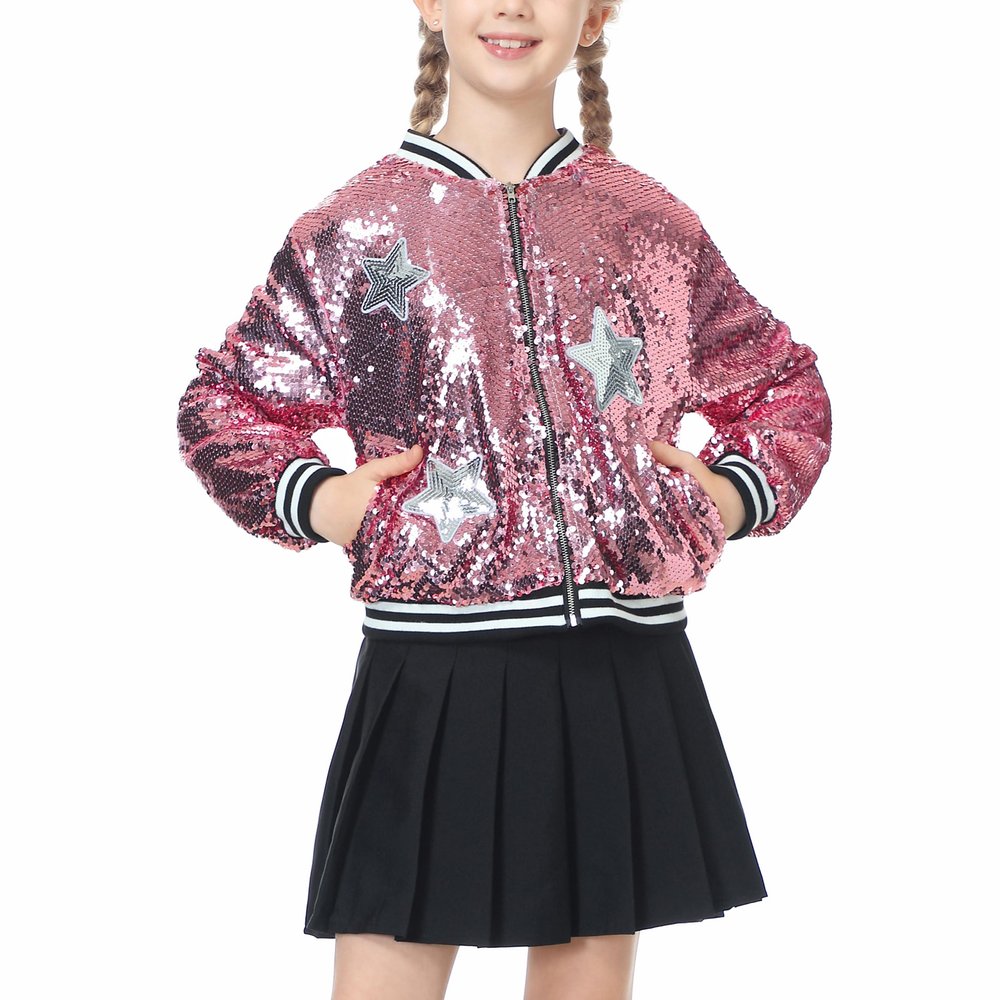 LOLANTA Sequin Jackets for Girls Kids Bomber Jacket with Pockets, Fall Coat for Girls Glitter Outfits (Pink, 4-5)