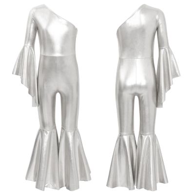 LiiYii Girl's Skating Jumpsuit Shiny Sequins Party Romper Bodysuit One Shoulder Dance Leotards Flare Bell Bottom Silver 16 Years